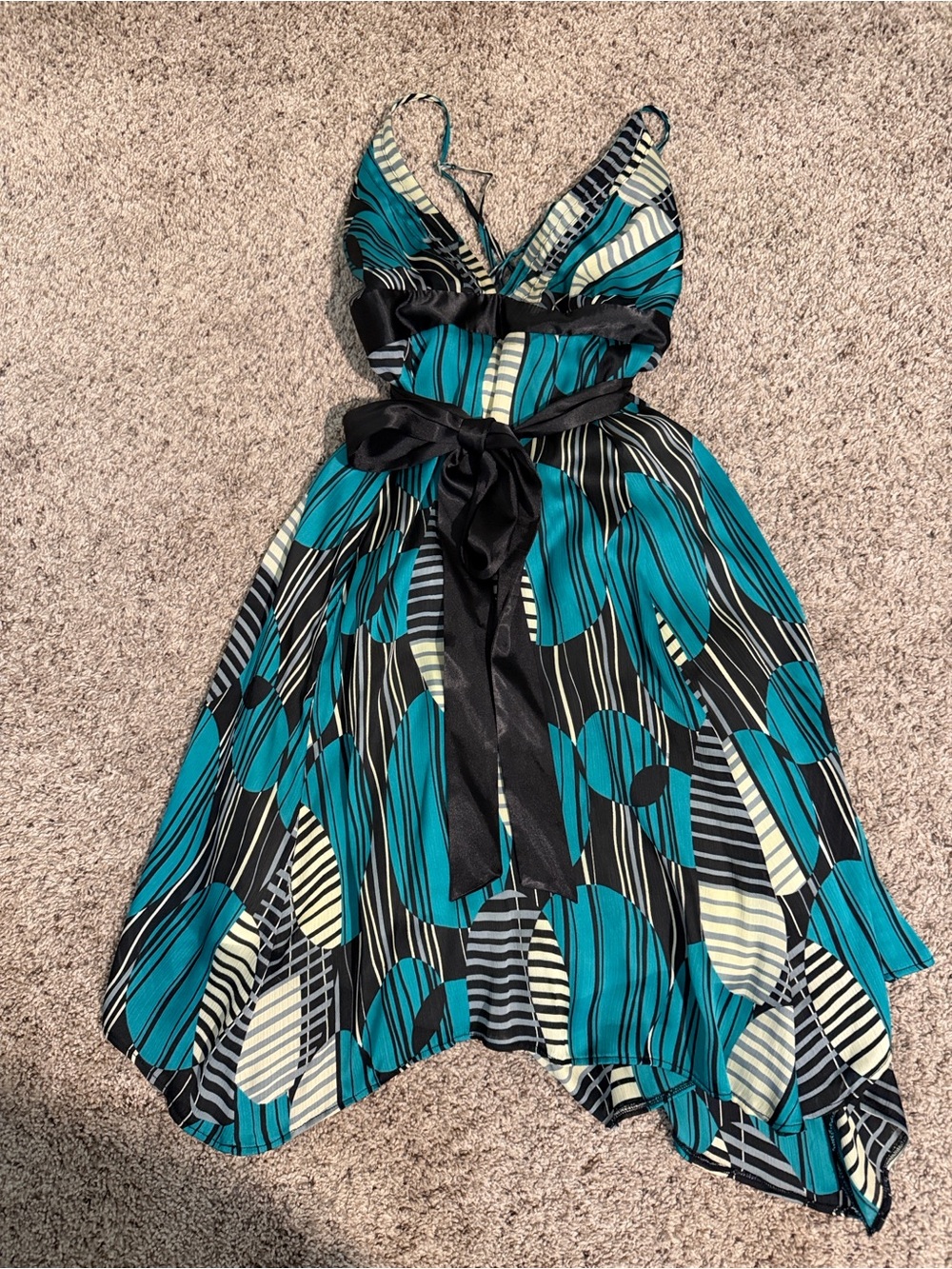 Aryeh Teal, Black & Cream Printed Sundress with Satin Waist Tie